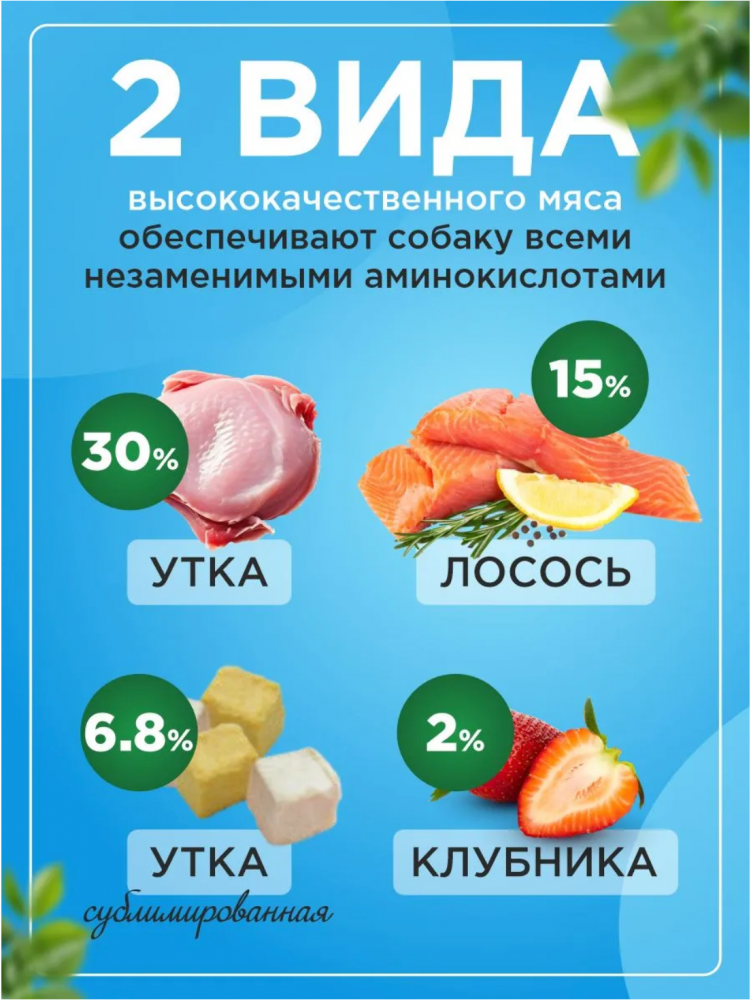 Корм Paddy Time беззерновой: 2 вида гранул- Утка с лососем с сублимированным мясом утки для собак 2 кг