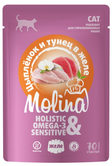 Консерва Molina Цыпленок и тунец для кошек: ЖЕЛЕ 70 г паучn