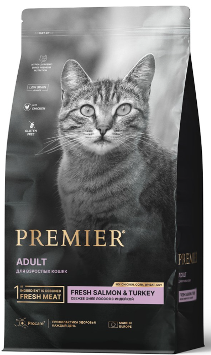 Низкозерновой сухой корм PREMIER НА РАЗВЕС Salmon and Turkey Adult Cat для взрослых кошек с лососем, индейкой и рисом 1кг