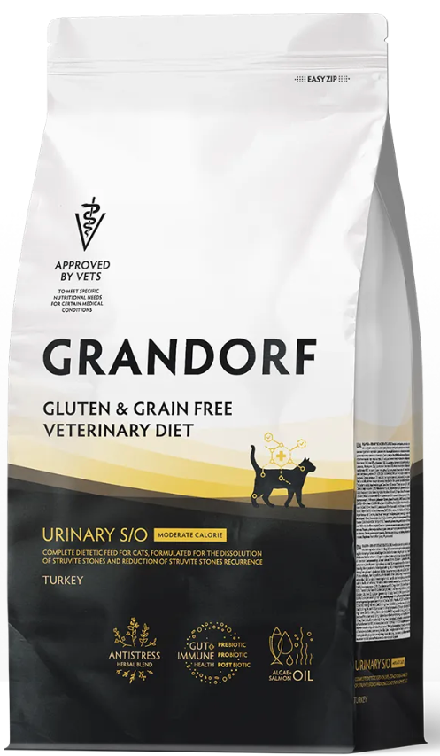 Корм Grandorf VET URINARY S/O MODERATE CALORIE для растворения струвитных мочевых камней, предрасположенных к набору лишнего веса для кошекn