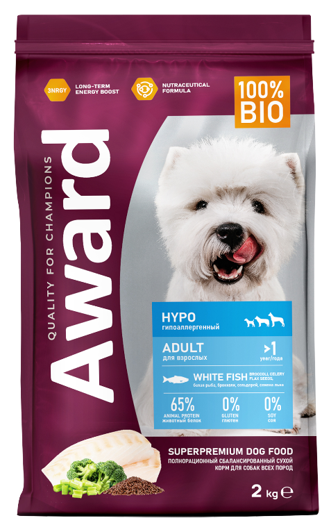 Сухой корм AWARD HYPO для собак всех пород с белой рыбой, брокколи, сельдерея и семян льна
