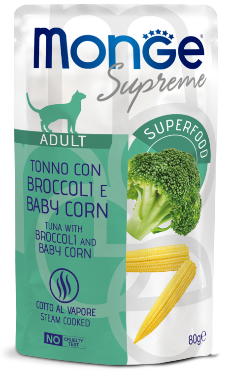 Влажный корм Monge Supreme Adult cat для взрослых кошек с брокколи и мини-кукурузой, паучи 80 г