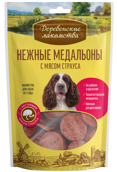 Лакомства для собак Деревенские лакомства нежные Медальоны с мясом страуса, 90 г