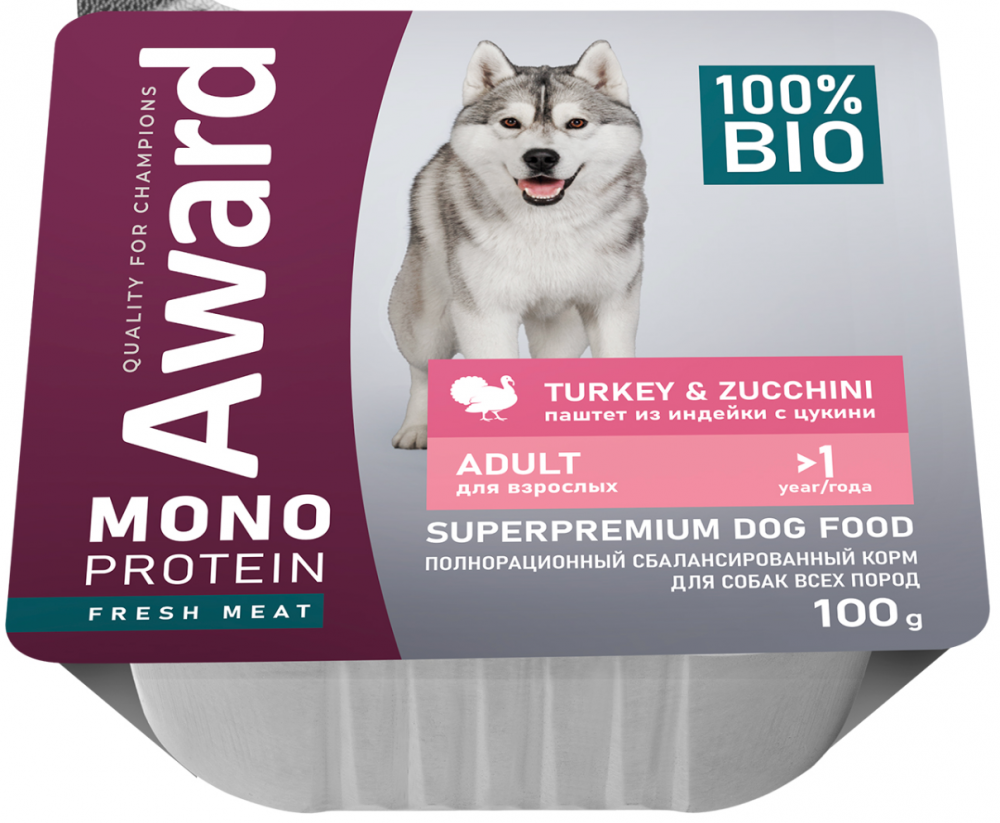 Влажный корм AWARD Monoprotein для взрослых собак паштет из индейки с цукини 100 г