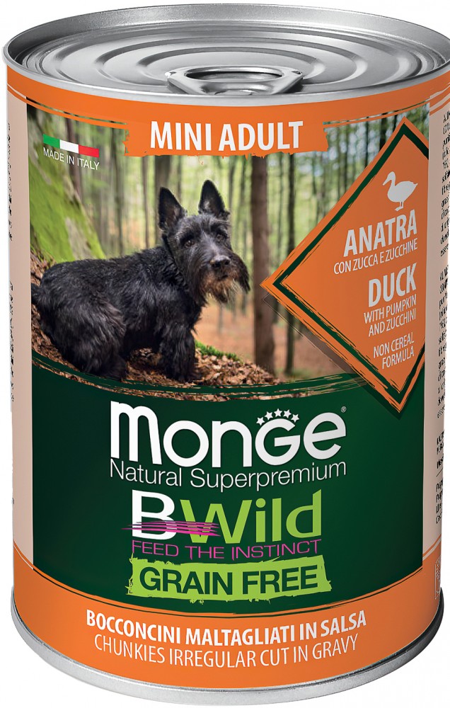 Консервы для собак Monge Dog BWild Grainfree ADULT MINI из утки с тыквой и кабачками для мелких пород 400г