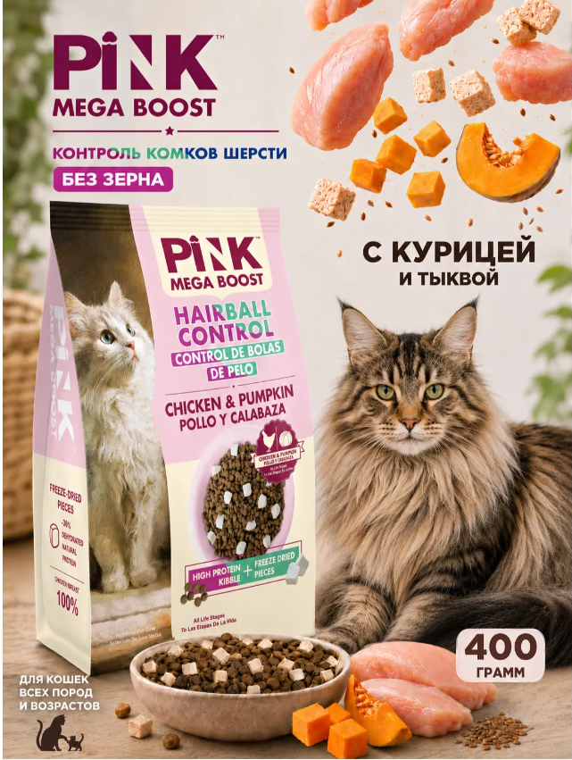 Корм Пинк Мега Буст Вывод шерсти Курица с тыквой: 2 гранулы для кошек