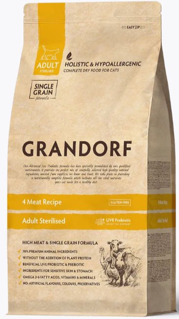 Корм Grandorf 4 Meat Recipe Sterilised Holistic Probiotic для стерилизованных кошек, с ПРОБИОТИКАМИ, 4 вида мяса
