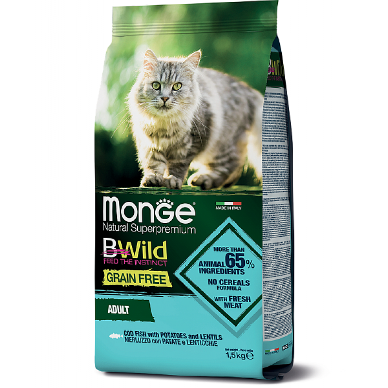 Корм сухой Monge Cat BWild GRAIN FREE беззерновой корм из трески, картофеля и чечевицы для кошек 1,5 кг