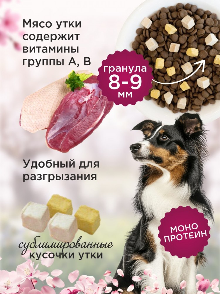 Корм Paddy Time беззерновой: 2 вида гранул- Утка с яблоком с сублимированным мясом утки для собак 2 кг