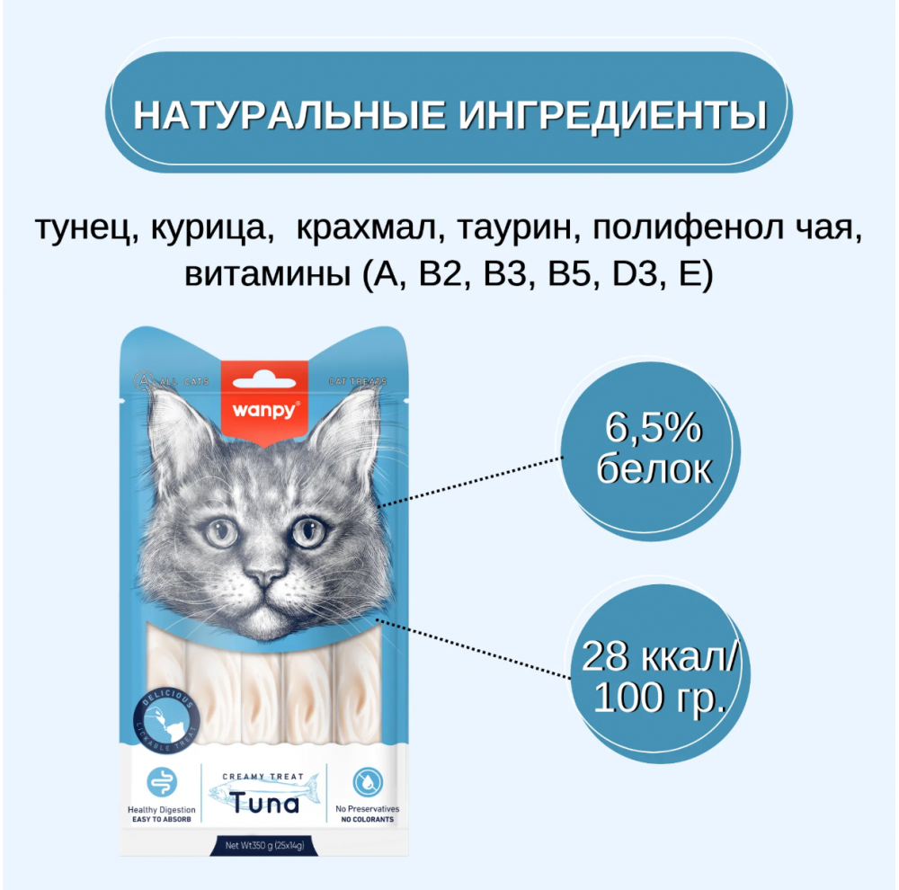 Wanpy Cat Лакомство для кошек &quot;нежное пюре&quot; из тунца 25 шт х14 г