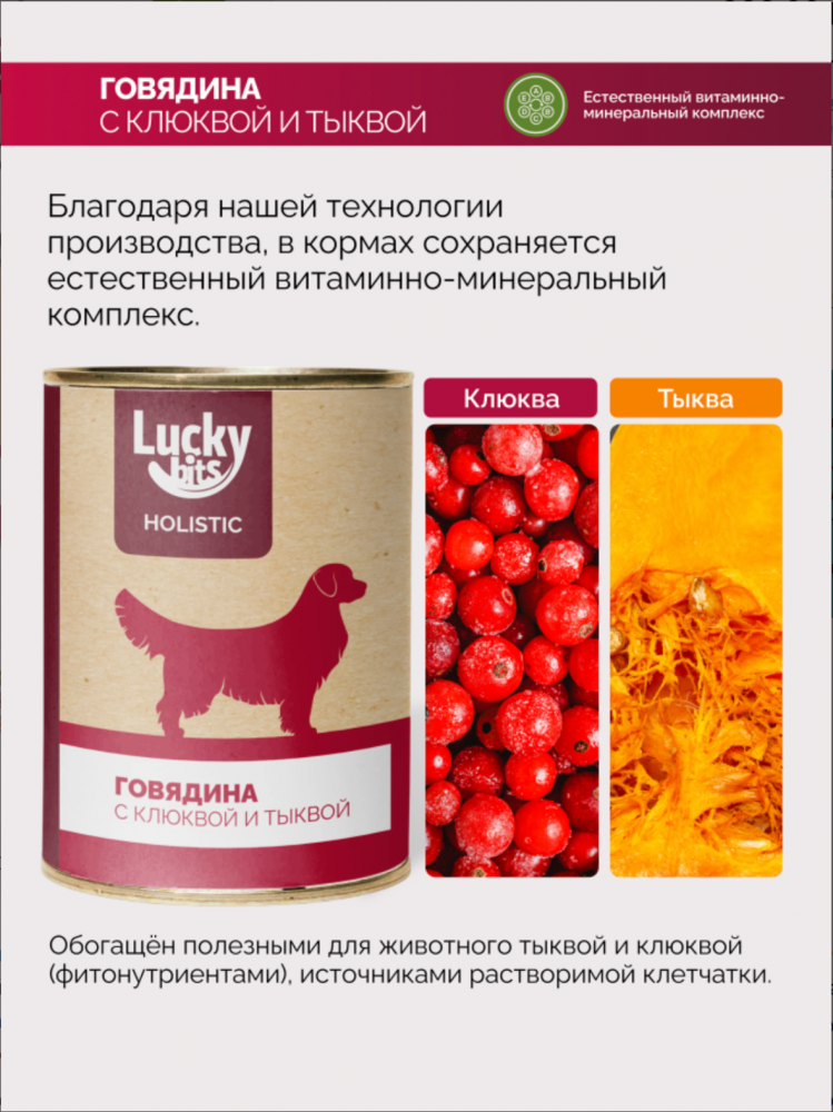 Консервы для собак Lucky bits говядина с клюквой и тыквой, 970 г