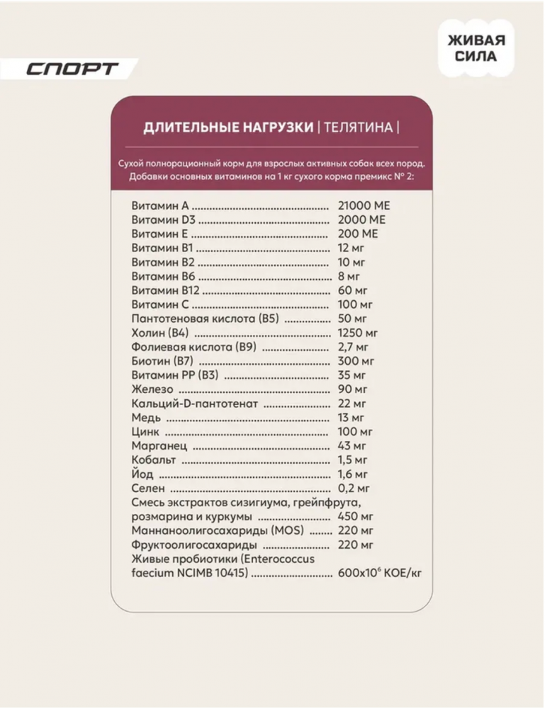 Будь Здоров (Живая сила) СПОРТ Телятина для собак 10 кг