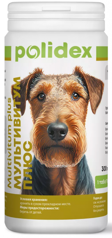 Polidex Multivitum plus поливитаминно-минеральный комплекс для собак, 300 таб. (1 таб. на 10 кг массы тела), 338 г